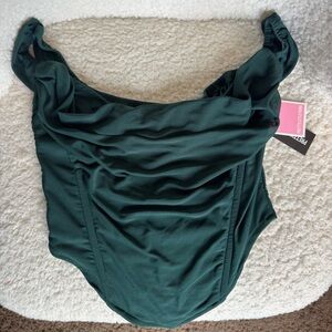 Dark Green Corset Mesh Bardot Top